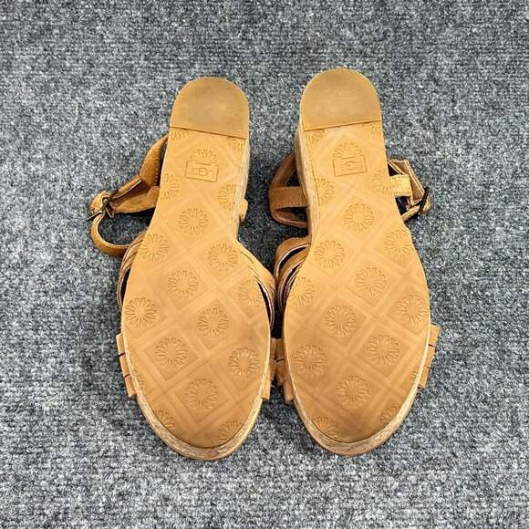 UGG Uma Wedge Sandals Women's Size 8.5 Chestnut Suede Cork Strap Buckle Platform - Picture 9 of 13
